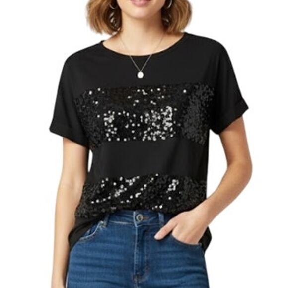 Loft Black Sequin Sparkle Holiday T Shirt M Shimmer Striped Chic Edgy Party Top - Picture 1 of 11